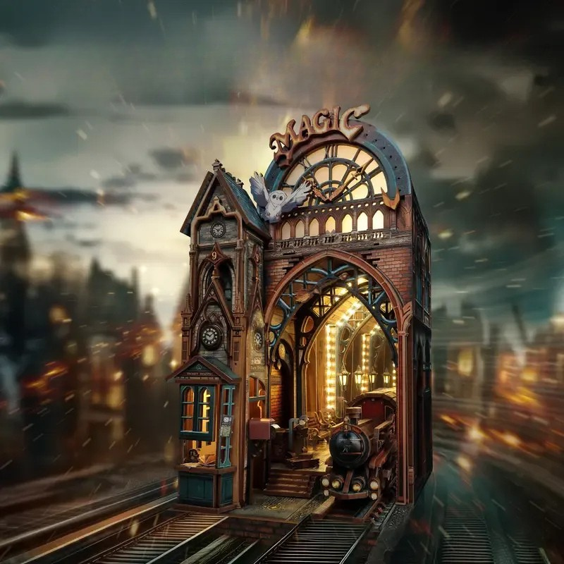 LED 3D Wooden Book Nook Puzzle Kit With Lighted Miniature Station Scene