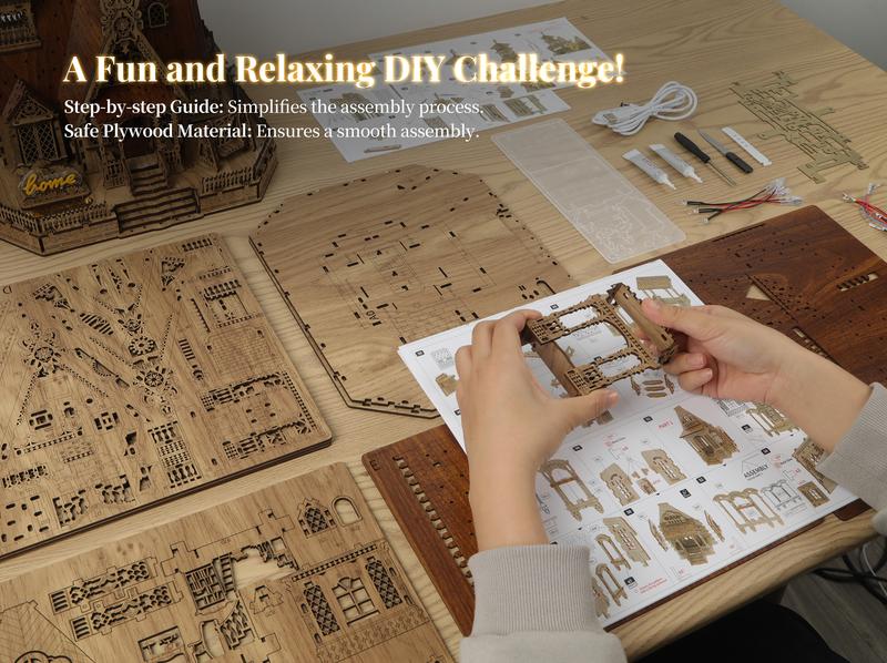 FUNPOLA LED 3D Wood Puzzle Countryside Cottage Model - DIY Miniature Building Kit with Spark LED Lights - 3D Craft Rural Architecture Home D&eacute;cor Gift for Adults