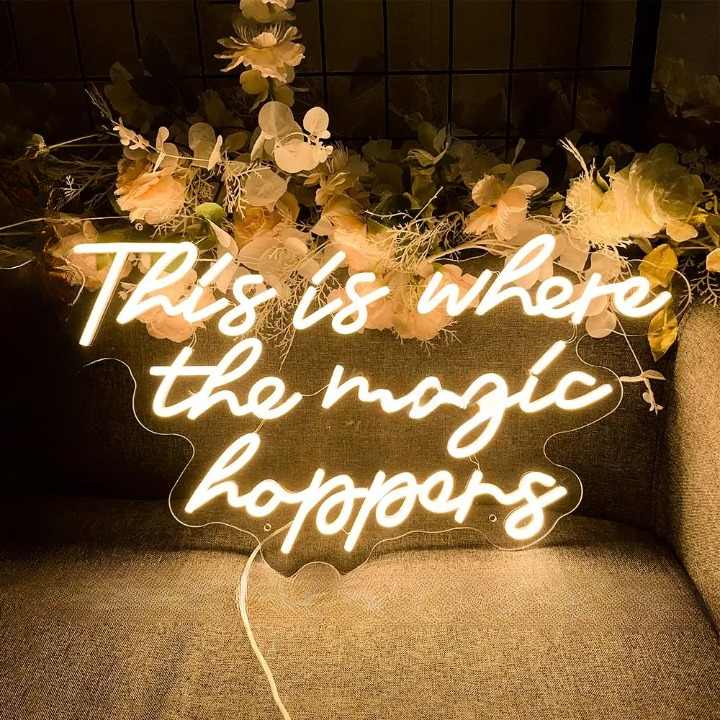 Radiant Mantra Neon Sign Led  Personalized Mirror Yellow This Is Where Magic Happens 