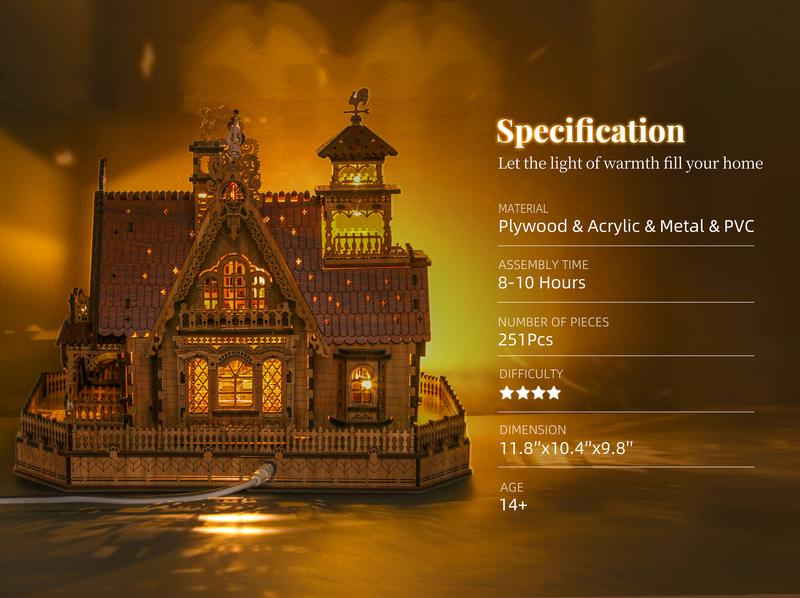 FUNPOLA LED 3D Wood Puzzle Countryside Cottage Model - DIY Miniature Building Kit with Spark LED Lights - 3D Craft Rural Architecture Home D&eacute;cor Gift for Adults