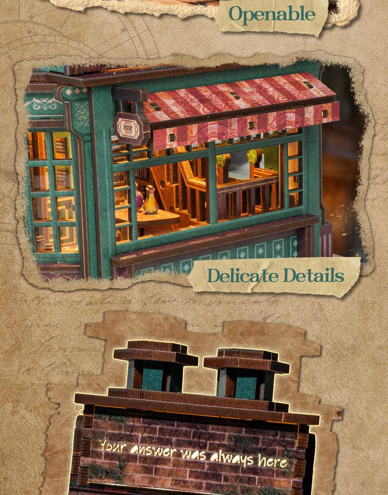 FUNPOLA LED 3D Wooden  Puzzle Magic Bookstore Building Model Kit - DIY Miniature Spellbound Bookshop - 3D Puzzle Architecture Craft Gift for Adults(Standard&Upgraded))