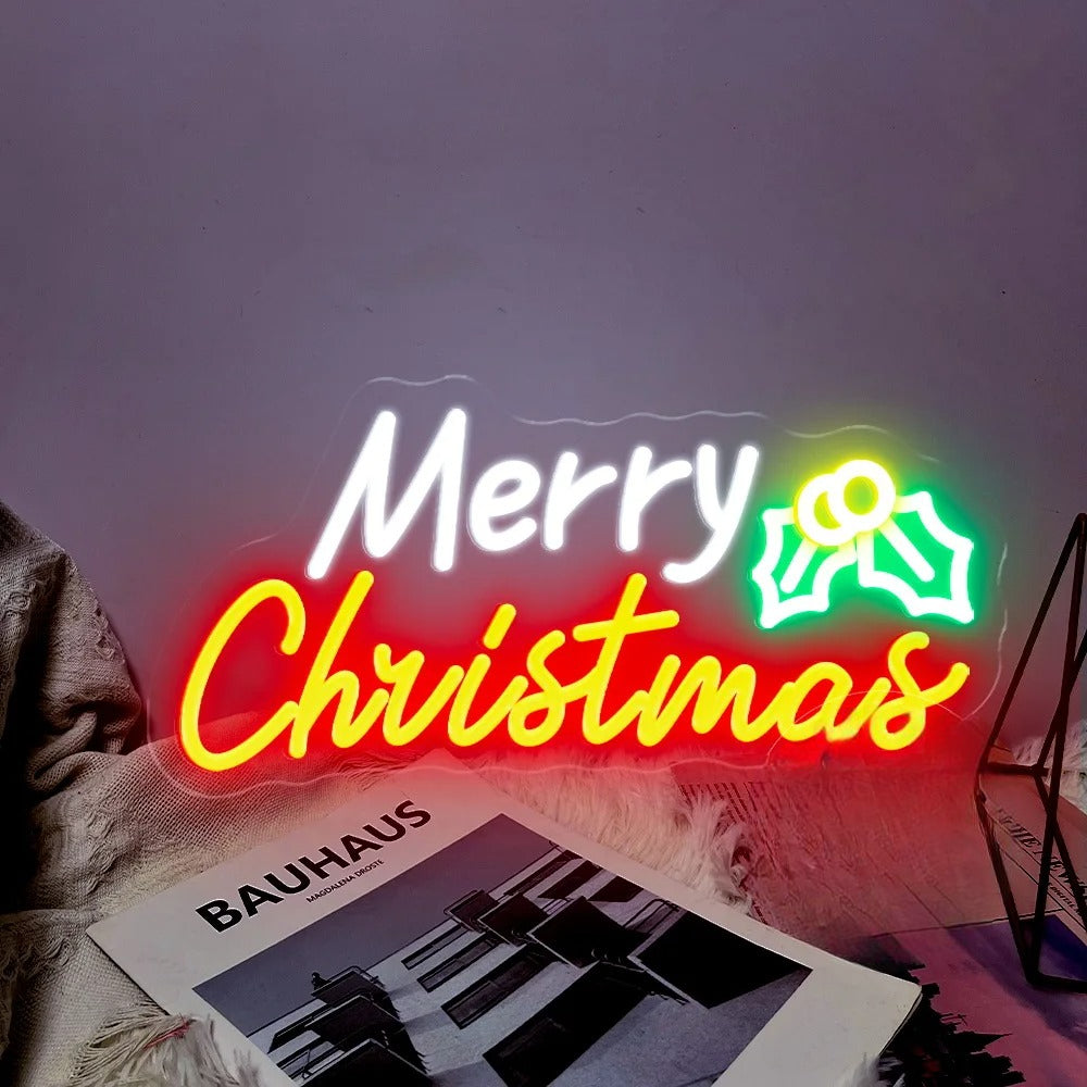 Festive Holiday Neon Led Sign  Personalized Mirror Merry Christmas Yellow And White 40 