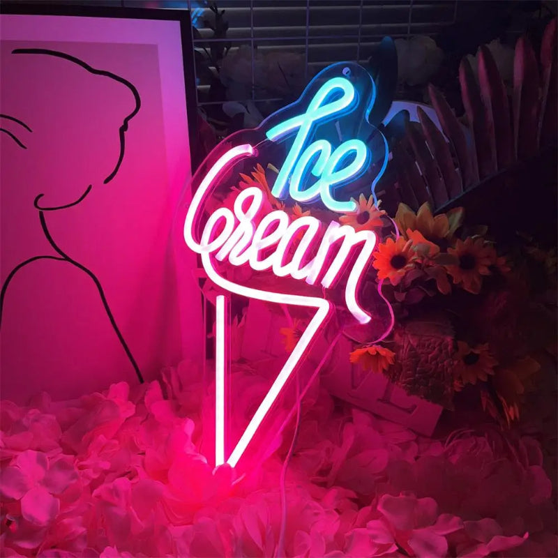 Glowing Scoop Neon LED Ice Cream Sign  Personalized Mirror   