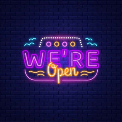 We Are Open Neon Sign With Wave Lines  Personalized Mirror S  