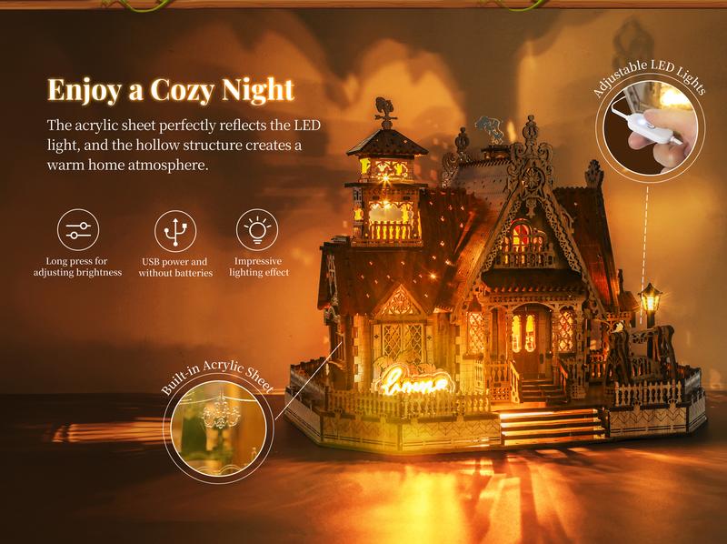 FUNPOLA LED 3D Wood Puzzle Countryside Cottage Model - DIY Miniature Building Kit with Spark LED Lights - 3D Craft Rural Architecture Home D&eacute;cor Gift for Adults