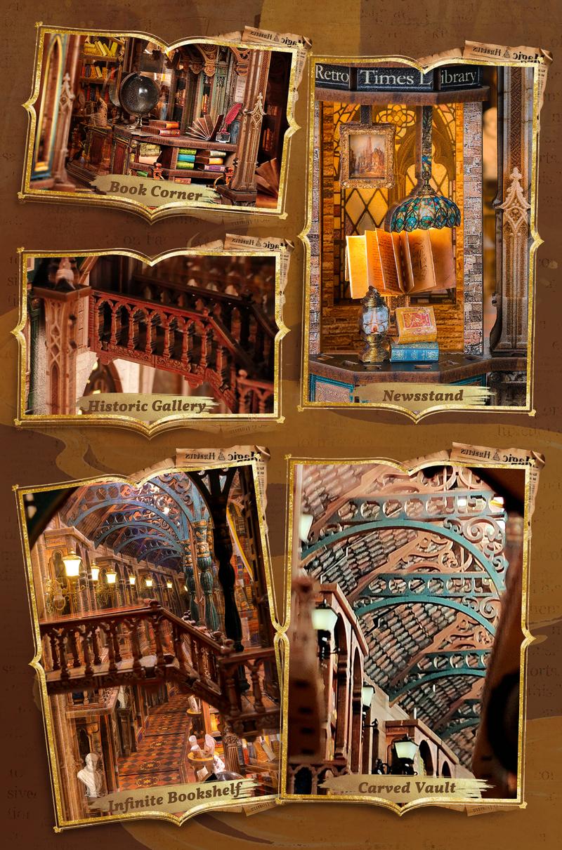 FUNPOLA Magic Library Book Nook Kit &ndash; LED 3D Wood Puzzle with Infinity Mirror &ndash; DIY Bookshelf Decor, Miniature Craft Gift for Kids and Adults