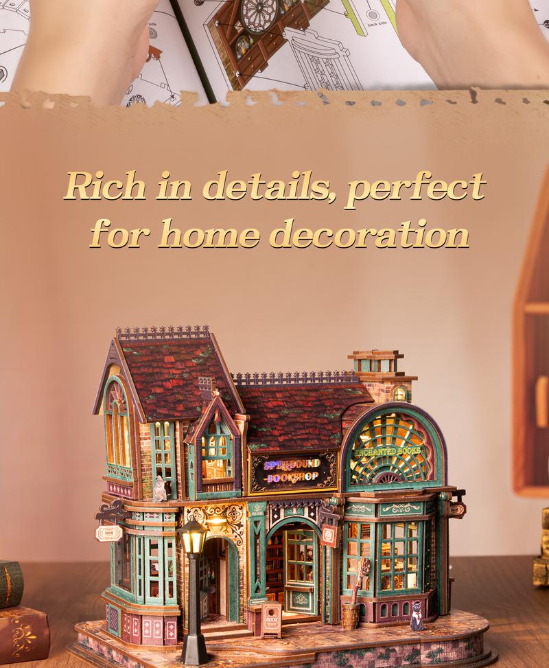 FUNPOLA LED 3D Wooden  Puzzle Magic Bookstore Building Model Kit - DIY Miniature Spellbound Bookshop - 3D Puzzle Architecture Craft Gift for Adults(Standard&Upgraded))