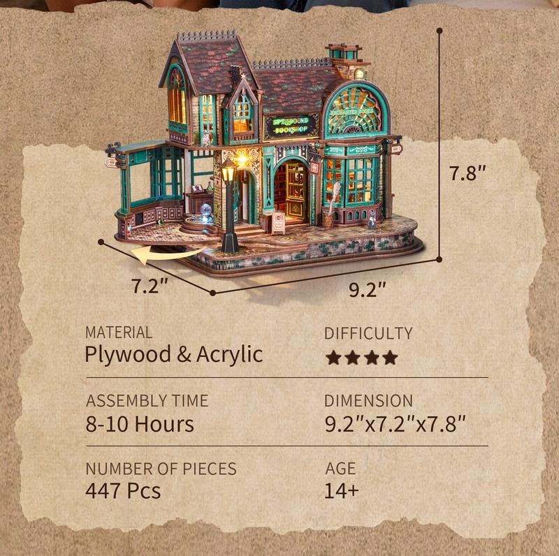 FUNPOLA LED 3D Wooden  Puzzle Magic Bookstore Building Model Kit - DIY Miniature Spellbound Bookshop - 3D Puzzle Architecture Craft Gift for Adults(Standard&Upgraded))