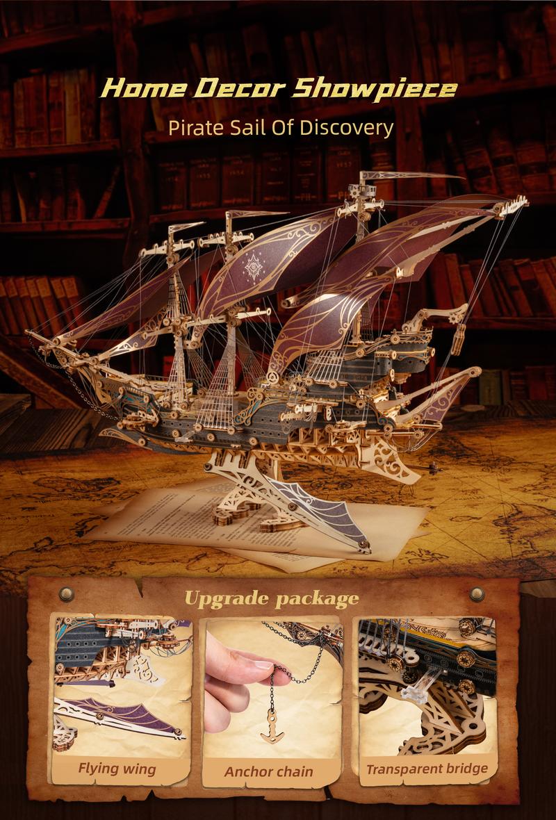 FUNPOLA 3D Wooden Puzzle Pirate Ship Model - Sailing Ship Building Kit, Adventure, Home Decor Display, Creative Gift for Adults and Teens, 518 Precision-Cut Pieces, Mystical Fantasy Galleon, Available in Two Colors