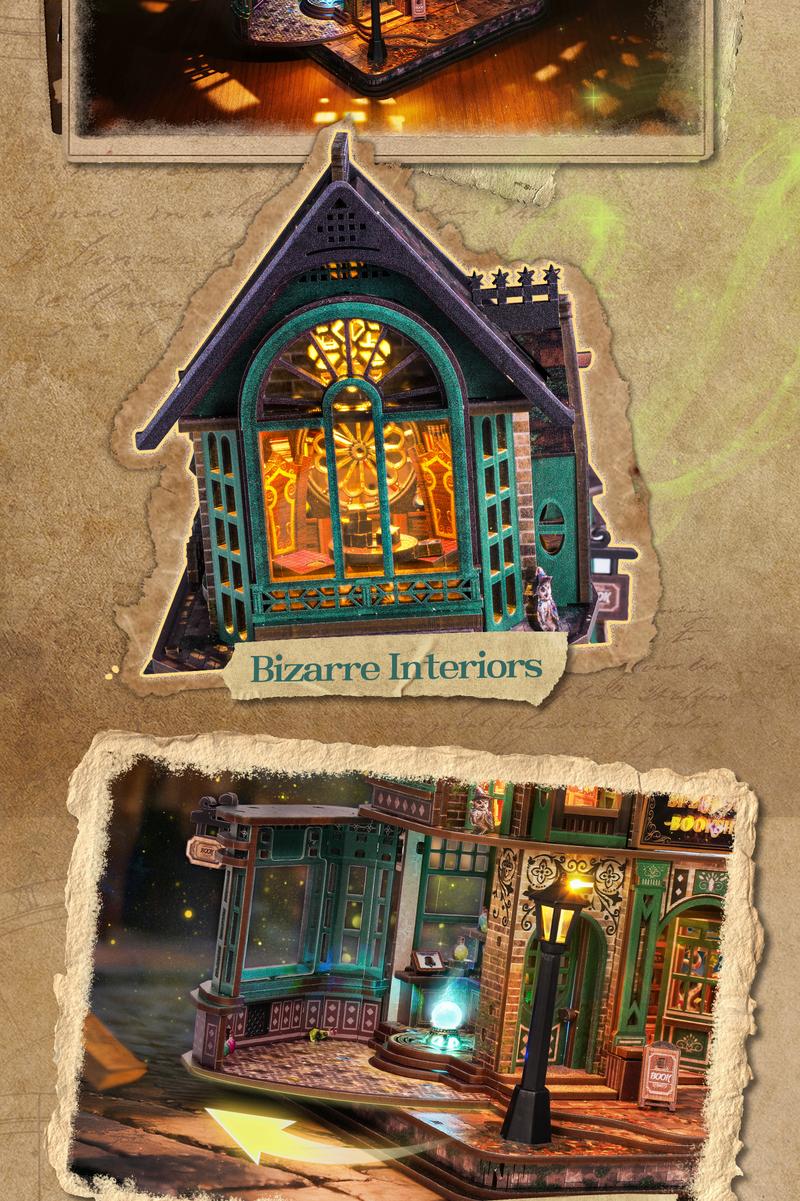 FUNPOLA LED 3D Wooden  Puzzle Magic Bookstore Building Model Kit - DIY Miniature Spellbound Bookshop - 3D Puzzle Architecture Craft Gift for Adults(Standard&Upgraded))