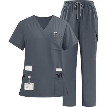 Multiple Pockets Top and Drawstring Scrub Pant Set