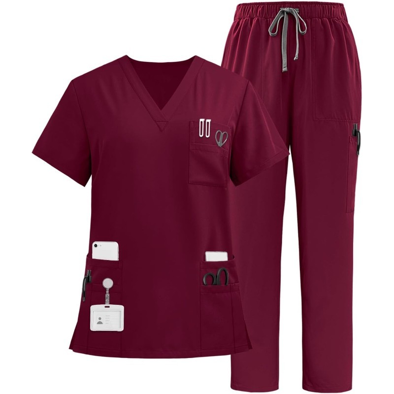 Multiple Pockets Top and Drawstring Scrub Pant Set