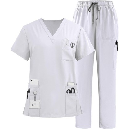 Multiple Pockets Top and Drawstring Scrub Pant Set