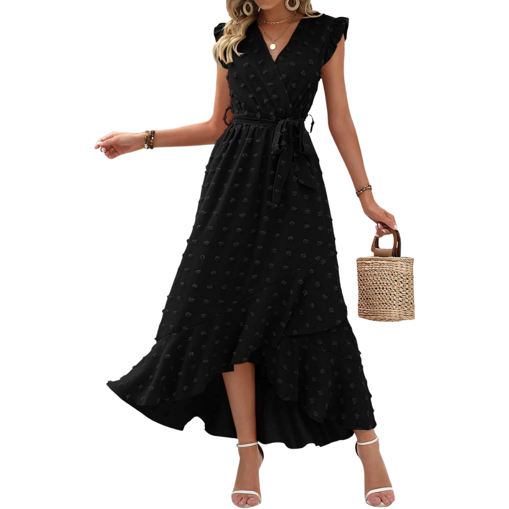  Summer Cap Sleeve Swiss Dot Flowy Ruffle Cocktail Maxi Dress For Women