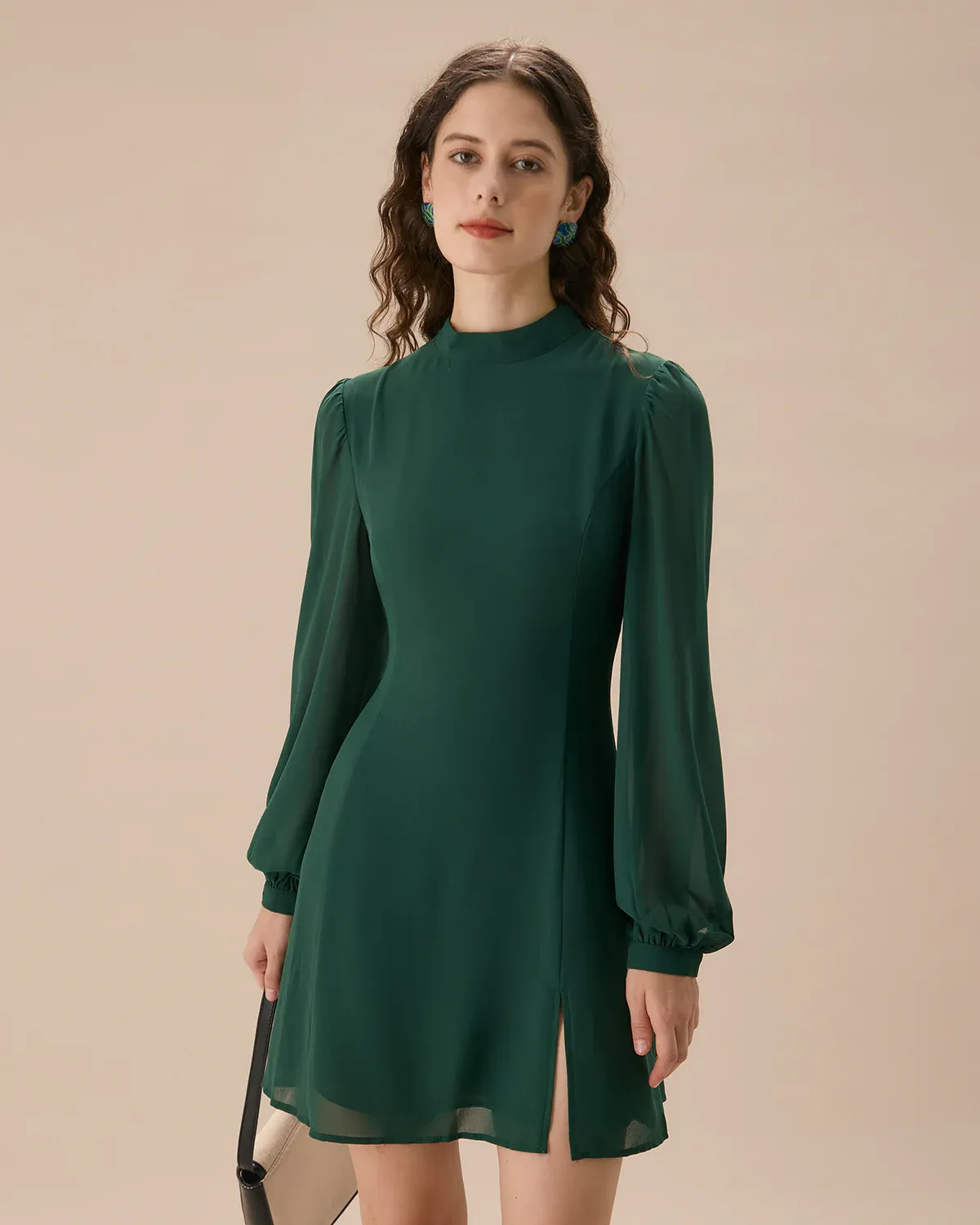 Slit Hem Dress With Stand Collar And Lightweight Sleeves For Special Occasions