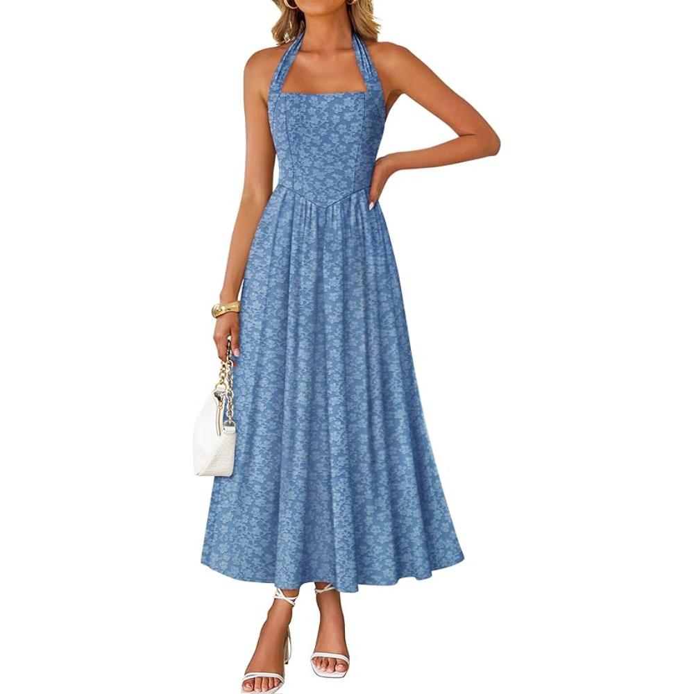 Summer Halter Sleeveless Floral A Line Maxi Dress For Women