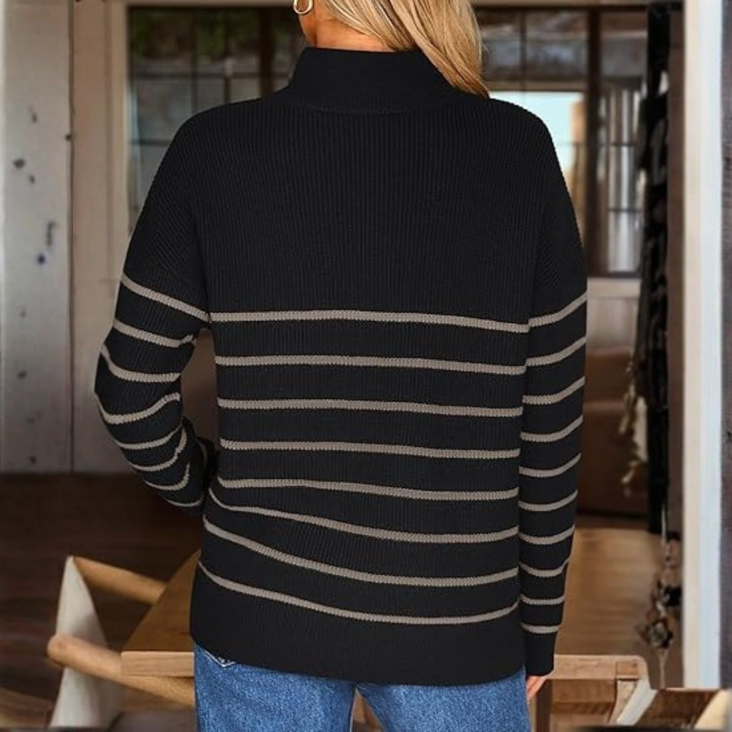 Quarter Zip Striped Design Oversized Sweater For Women