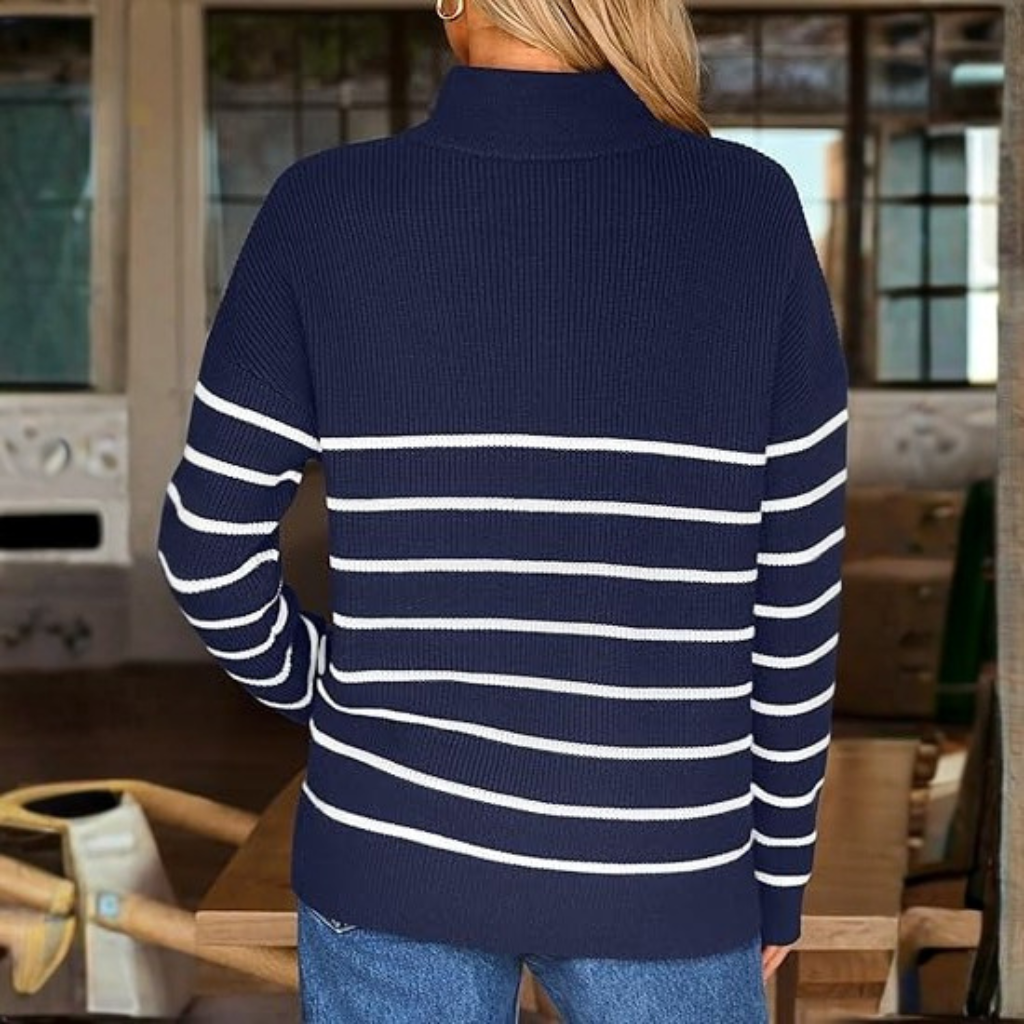 Quarter Zip Striped Design Oversized Sweater For Women