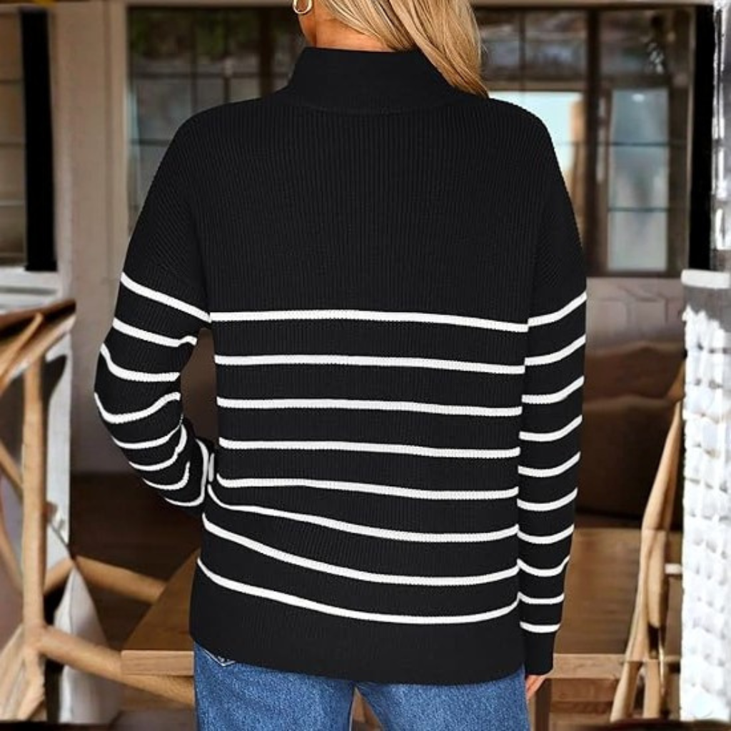 Quarter Zip Striped Design Oversized Sweater For Women