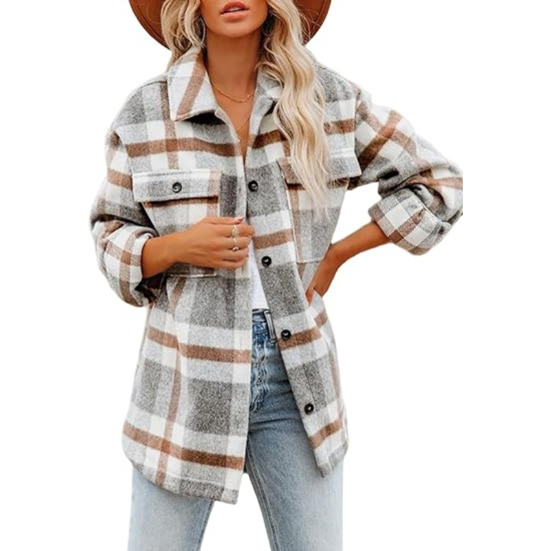 Women’s Plaid Flannel Shacket – Cozy Long Sleeve Button Down Shirt Jacket with Pockets for Fall 