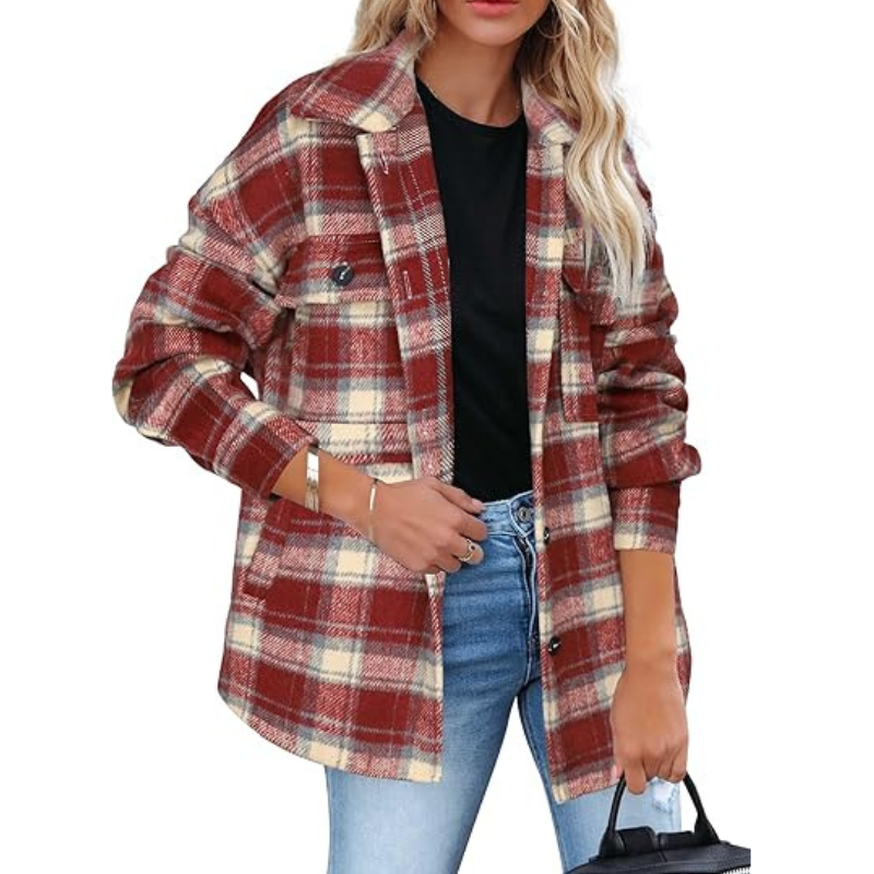 Women’s Plaid Flannel Shacket – Cozy Long Sleeve Button Down Shirt Jacket with Pockets for Fall 