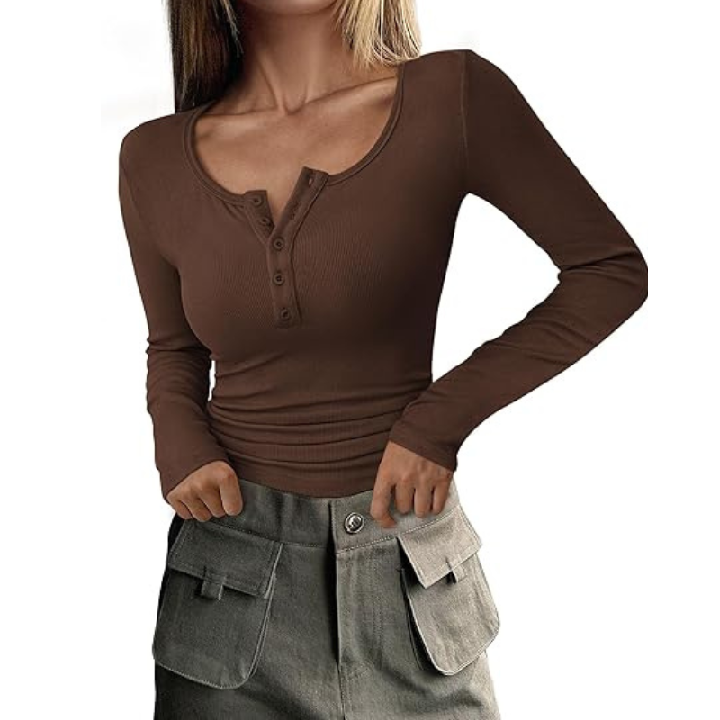 Women’s Long Sleeve Button Ribbed Knit Top | Slim Fit Basic Casual Blouse.