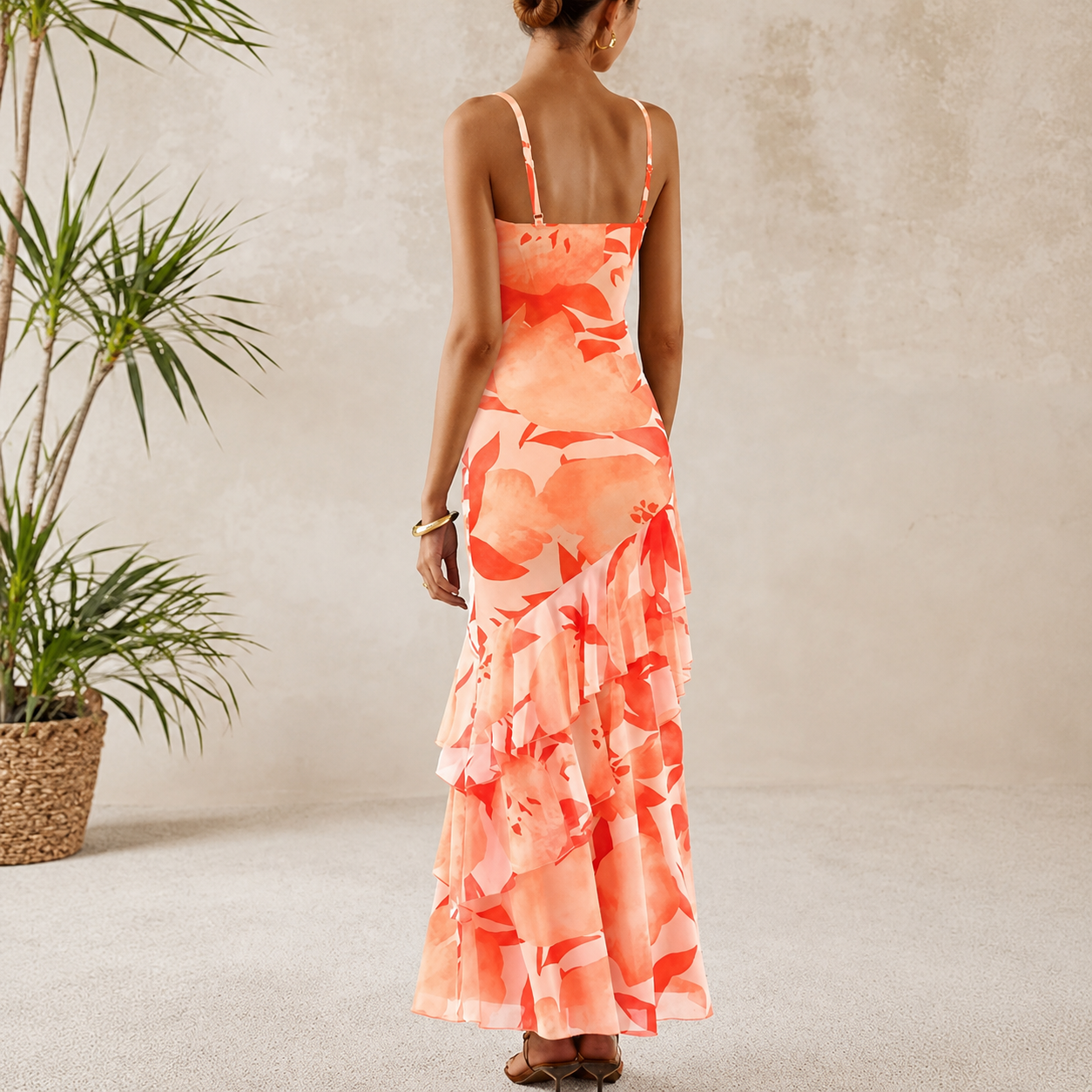 Summer Spring Tiered Floral Beach Maxi Dress Spaghetti For Women