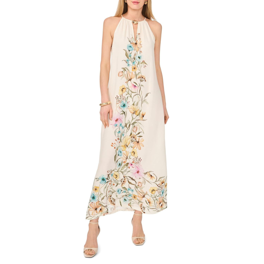 High Flowy Maxi Dress With Trim For Women