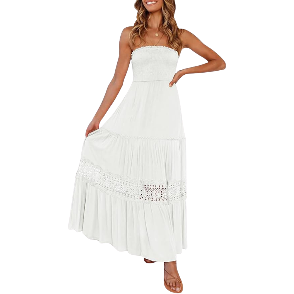 Summer Boho Off Strapless Flowy Lace Line Maxi Dresses For Women