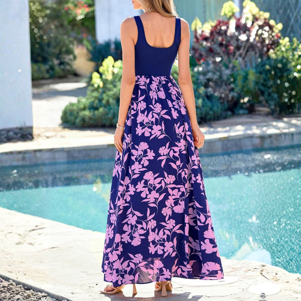 Sleeveless Boho Floral Maxi Sundress for Women Beachwear