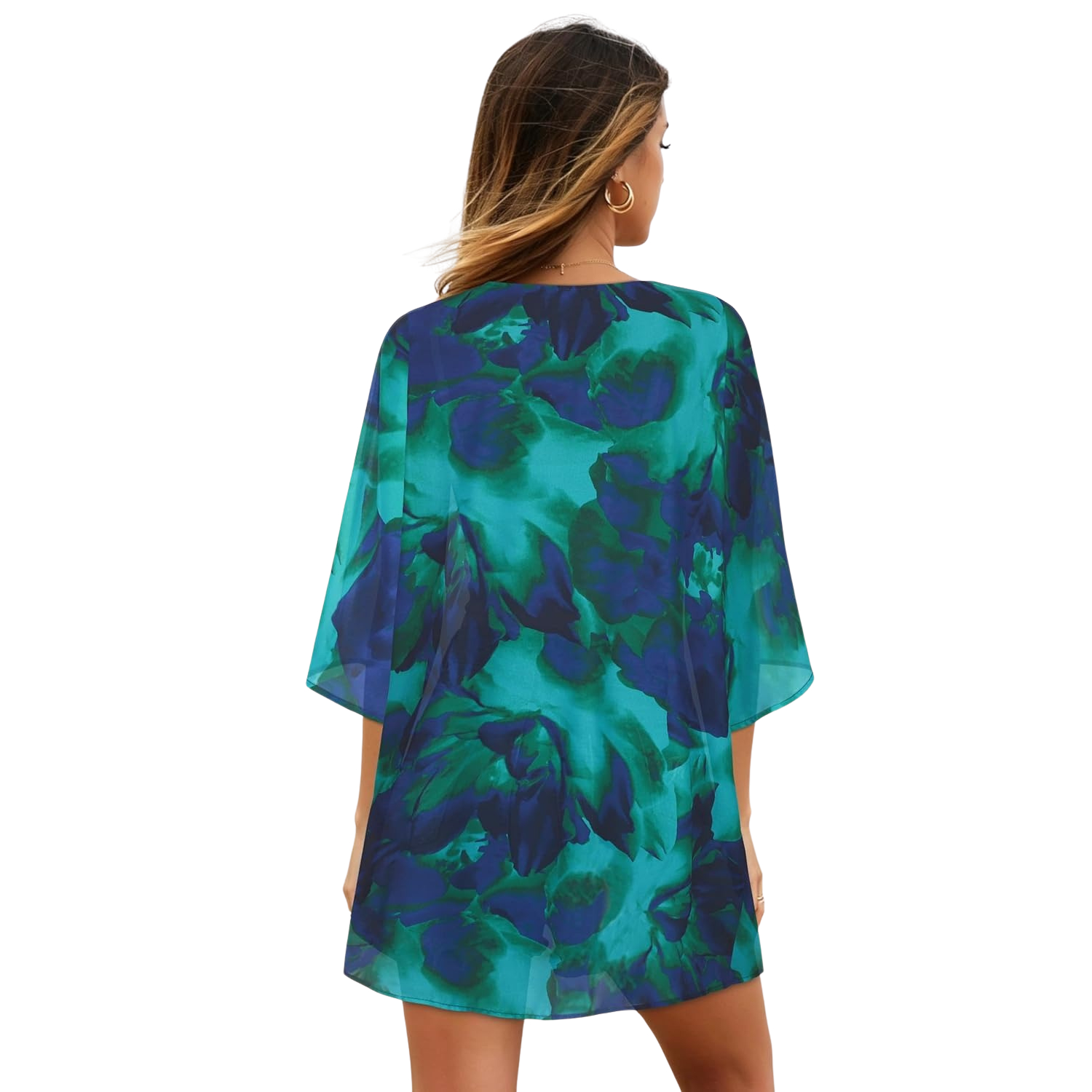 Women Floral Print Puff Sleeve Kimono Cardigan Loose Cover Up Casual Blouse Tops