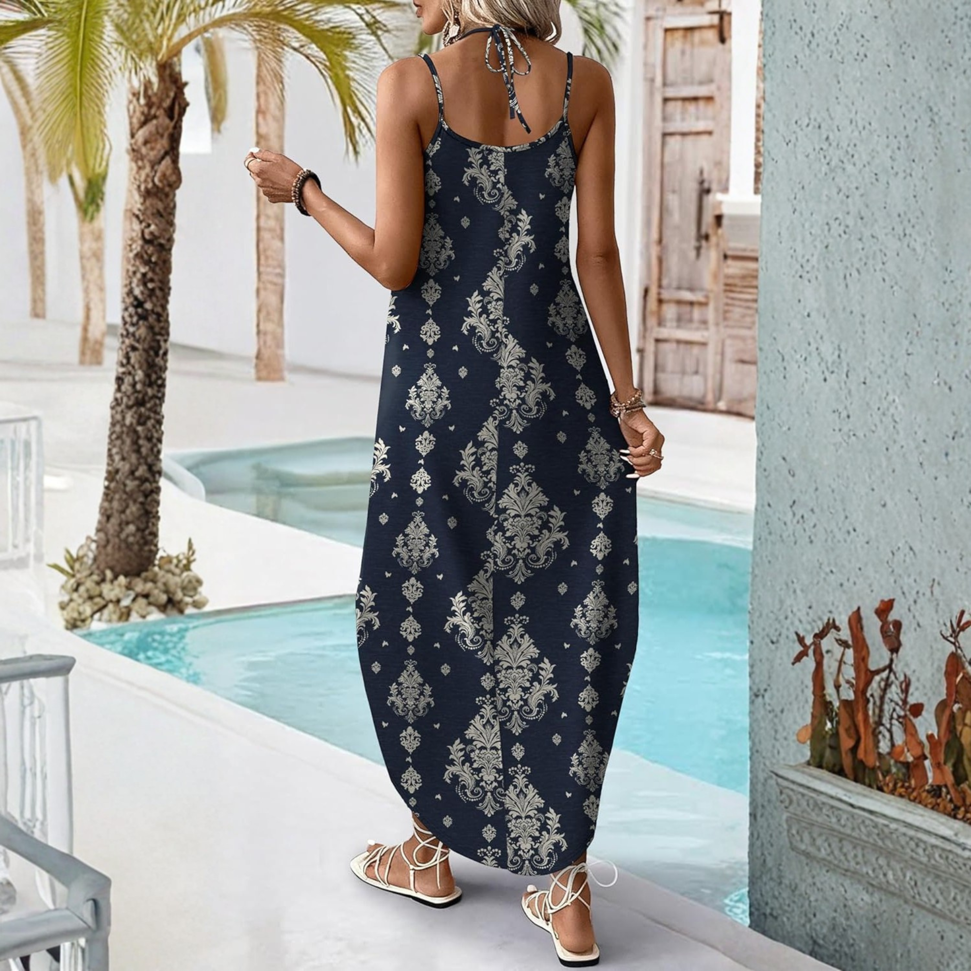 Boho Halter Maxi Sundress for Beach Vacation Travel
