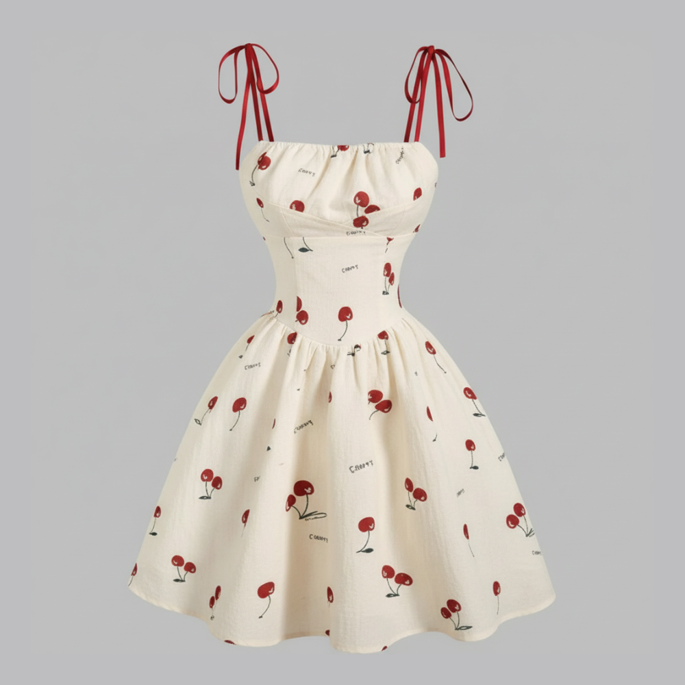 Cherry Printed A Line Summer Casual Dress For Women