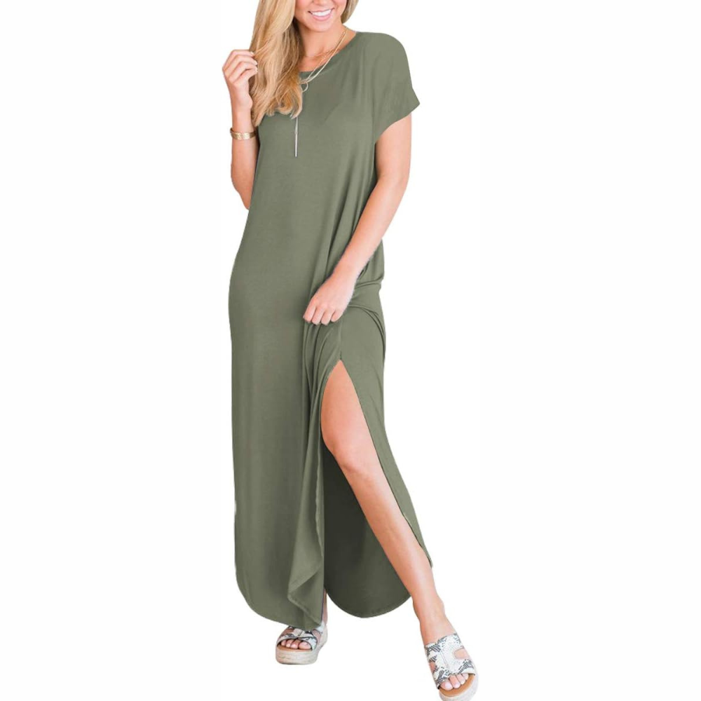 Casual Maxi Sundress With Short Sleeves And Split Hem For Women