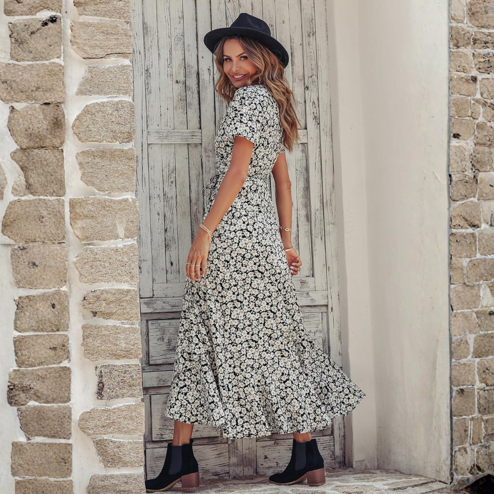 Boho Floral Wrap V Neck Maxi Dress for Women