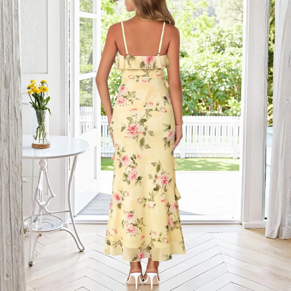 Floral Ruffle Spaghetti Strap Bodycon Maxi Dress Women