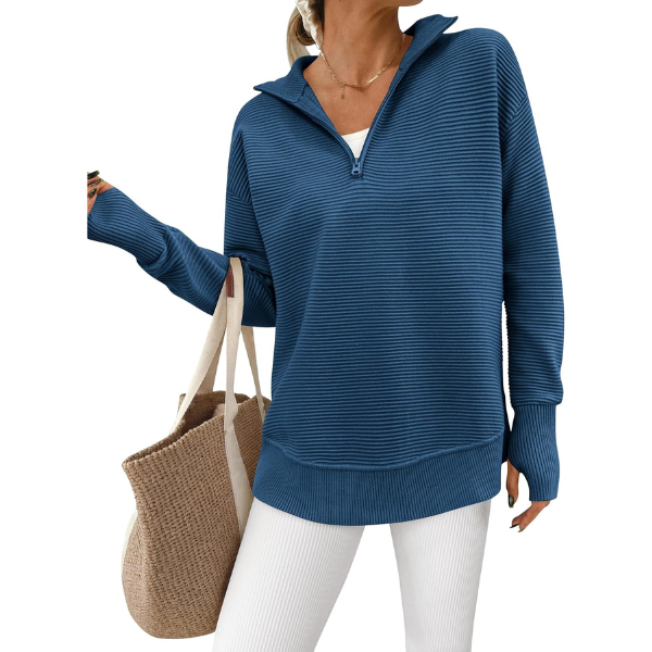 Womens Long Sleeve Quarter Zip Pullover Sweater Casual Loose V Neck Collared Ribbed Knit Jumper Tops Thumb Hole