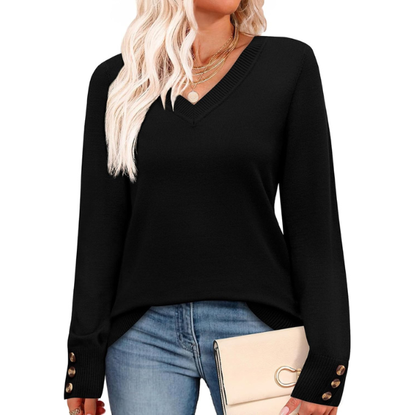 ightweight Sweaters for Women Long Sleeve V Neck Knit Outfits with Decorative Buttons 