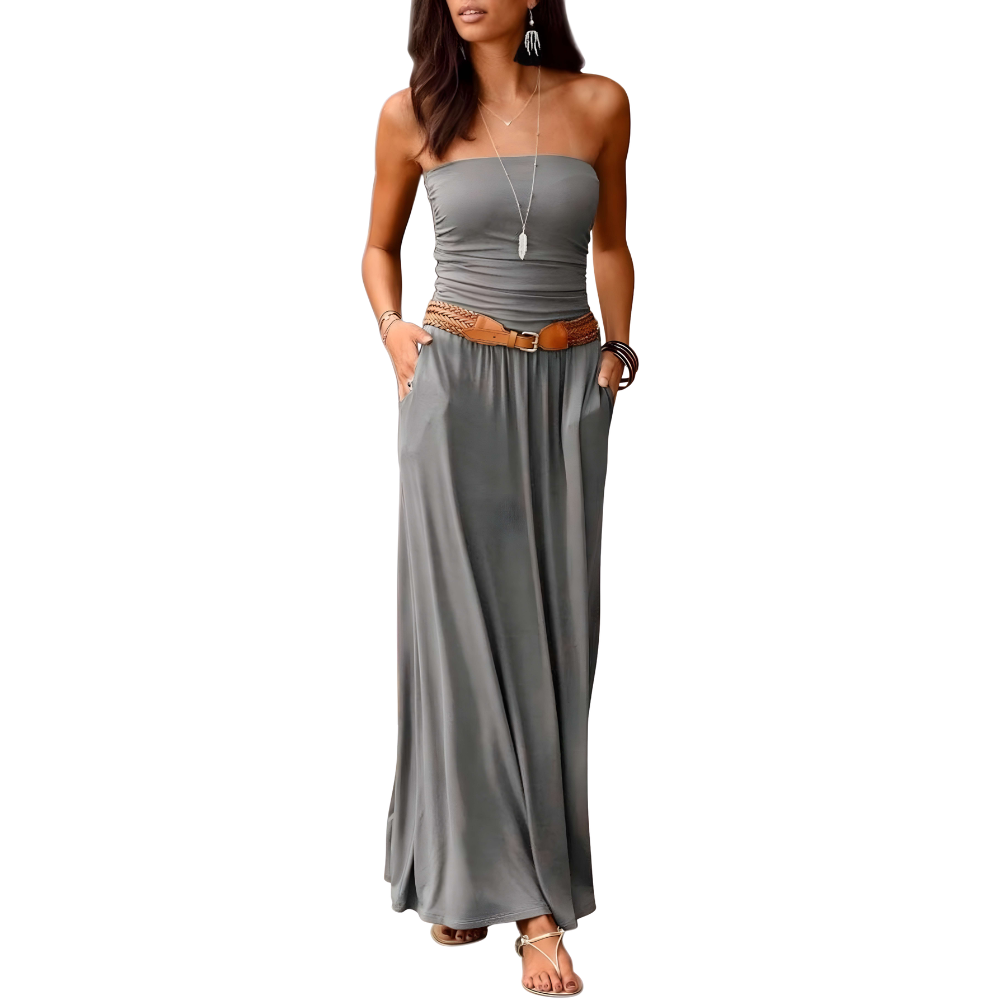 Summer Off Strapless Floral Maxi Dress With Pockets For Women