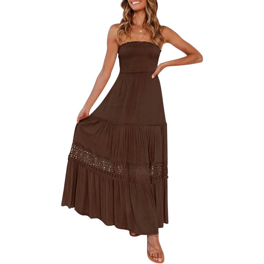 Summer Boho Off Strapless Flowy Lace Line Maxi Dresses For Women