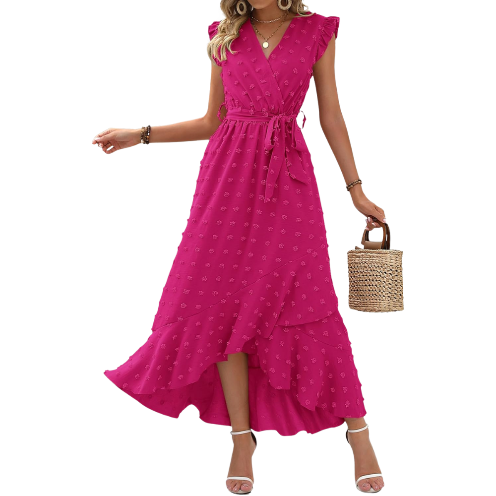  Summer Cap Sleeve Swiss Dot Flowy Ruffle Cocktail Maxi Dress For Women