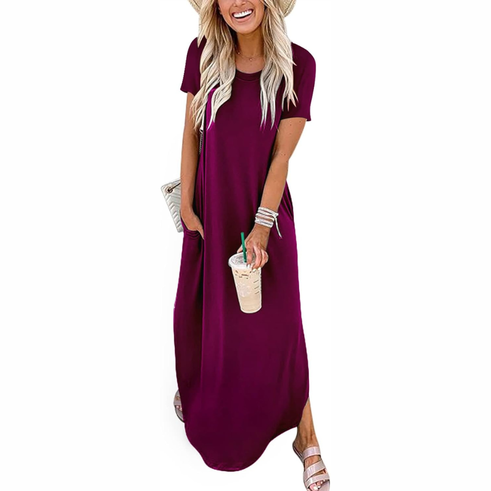 Casual Maxi Sundress With Short Sleeves And Split Hem For Women