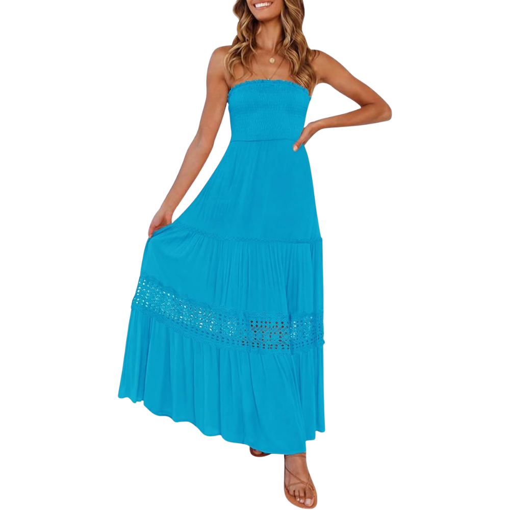 Summer Boho Off Strapless Flowy Lace Line Maxi Dresses For Women