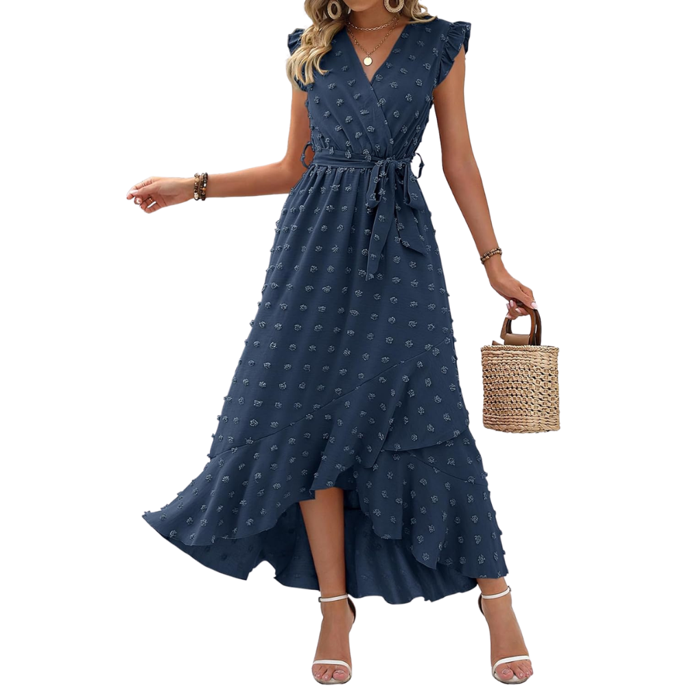  Summer Cap Sleeve Swiss Dot Flowy Ruffle Cocktail Maxi Dress For Women