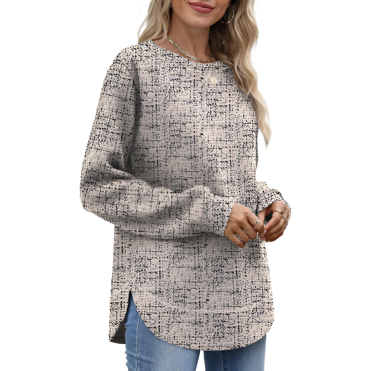 Tunic Tops for Women Loose Fit Dressy Long Sleeve Shirts Womens Sweaters Crew Neck Fall Clothing with Curved Hem