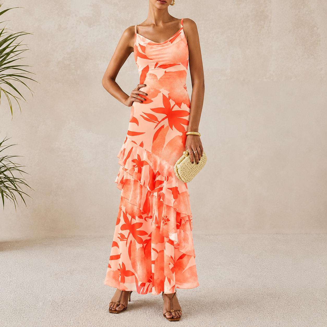 Summer Spring Tiered Floral Beach Maxi Dress Spaghetti For Women