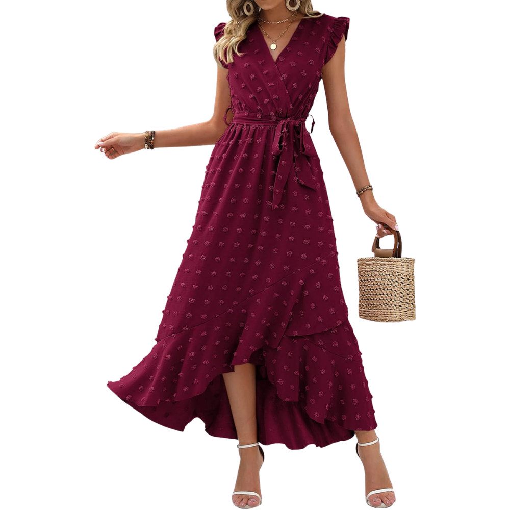  Summer Cap Sleeve Swiss Dot Flowy Ruffle Cocktail Maxi Dress For Women