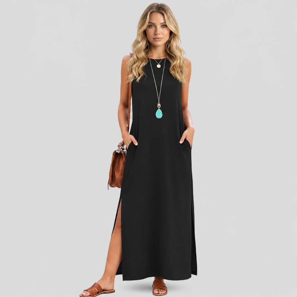 Casual Sleeveless Side Slit Loose Fit Maxi Dress For Women With Pockets