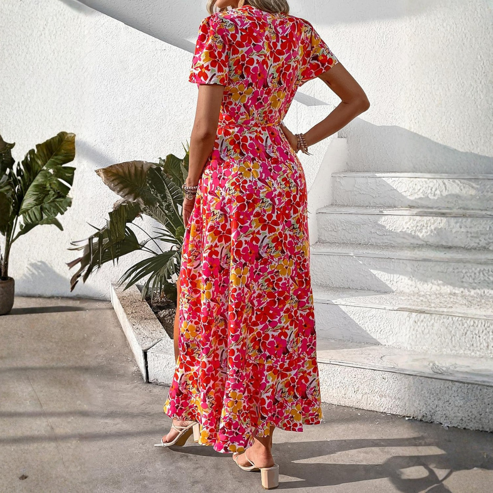Boho Floral Wrap V Neck Maxi Dress for Women