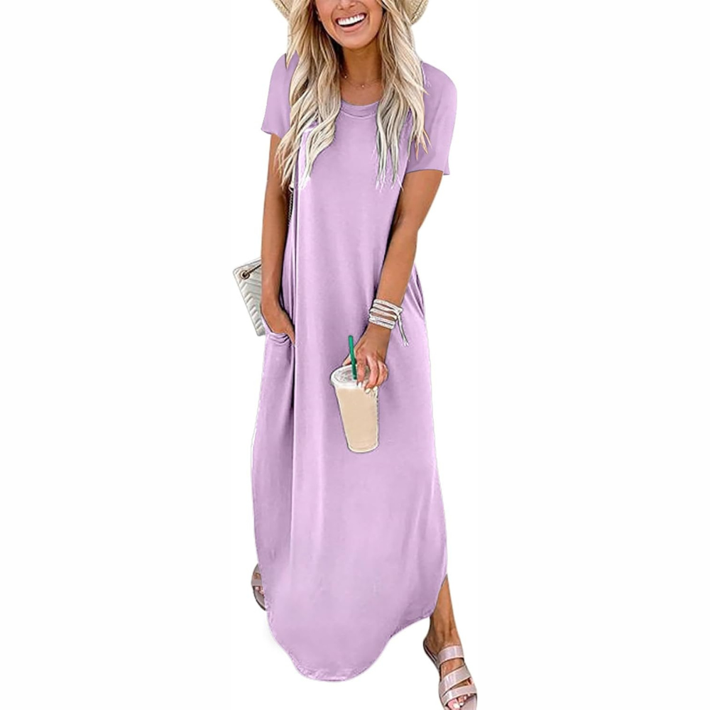Casual Maxi Sundress With Short Sleeves And Split Hem For Women